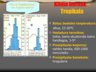 Klima beroak  – Tropikala Bataz besteko tenperatura :  altua, 23-26ºC Hedadura termikoa :   txikia, baina ekuatoriala baino handiagoa, 3-5º Prezipitazio-kopurua :   nahiko handia, 600-1000 mm/urteko Prezipitazio-banaketa :  irregularra Zein da  Tropikal hezea  ? Eta Tropikal lehorra? A B 