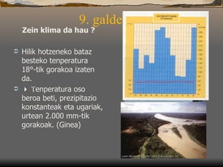 9. galdera Zein klima da hau ? Hilik hotzeneko bataz besteko tenperatura 18°-tik gorakoa izaten da.     T enperatura oso beroa beti, prezipitazio konstanteak eta ugariak, urtean 2.000 mm-tik gorakoak. (Ginea) 