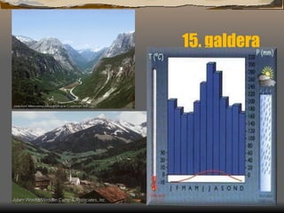 15. galdera Tenperatura  hotza eta euri ugari izaten dira, askotan elurra ere bai, batez ere neguan. (Pirineoak, Alpeak, Himalaya) 