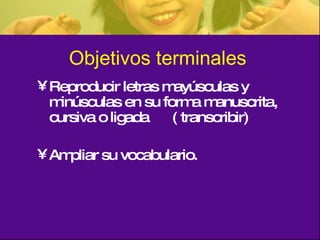 Reproducir letras mayúsculas y  minúsculas en su forma manuscrita, cursiva o ligada  ( transcribir) Ampliar su vocabulario. Objetivos terminales  