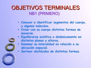 OBJETIVOS TERMINALES NB1 (PRIMERO) Conocer e identificar segmentos del cuerpo, y algunos músculos. Crear con su cuerpo distintas formas de moverse. Equilibrarse estática o dinámicamente en distintos planos y alturas. Dominar su lateralidad en relación a su ubicación espacial. Sortear obstáculos de distintas formas .  