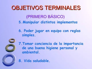 5.  Manipular distintos implementos  6. Poder jugar en equipo con reglas simples. 7.Tomar conciencia de la importancia de una buena higiene personal y ambiental. 8. Vida saludable. OBJETIVOS TERMINALES (PRIMERO BÁSICO) 