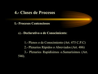 4.- Clases de Procesos I.-   Procesos Contenciosos a).-  Declarativo o de Conocimiento : 1.- Plenos o de Conocimiento (Art. 475 C.P.C) 2.- Plenarios Rápidos o Abreviados (Art. 486) 3.- Plenarios Rapidísimos o.Sumarísimos (Art.  546). 