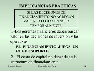 IMPLICANCIAS PRÁCTICAS SI LAS DECISIONES DE FINANCIAMIENTO NO AGREGAN VALOR, O LO HACEN SOLO TEMPORALMENTE: 1.-Los gerentes financieros deben buscar valor en las decisiones de inversión y las operativas EL FINANCIAMIENTO JUEGA UN ROL DE SOPORTE. 2.- El costo de capital no depende de la estructura de financiamiento. 