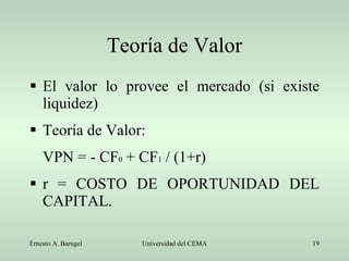 Teoría de Valor El valor lo provee el mercado (si existe liquidez) Teoría de Valor: VPN = - CF 0  + CF 1  / (1+r) r = COSTO DE OPORTUNIDAD DEL CAPITAL. 