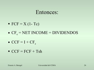 Entonces: FCF = X (1- Tc) CF e  = NET INCOME = DIVIDENDOS CCF = I + CF e CCF = FCF + Tsh 