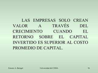 LAS EMPRESAS SOLO CREAN VALOR A TRAVÉS DEL CRECIMIENTO CUANDO EL RETORNO SOBRE EL CAPITAL INVERTIDO ES SUPERIOR AL COSTO PROMEDIO DE CAPITAL. 