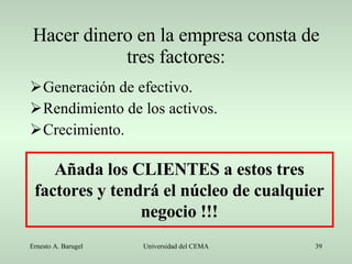 Hacer dinero en la empresa consta de tres factores: Generación de efectivo. Rendimiento de los activos. Crecimiento. Añada los CLIENTES a estos tres factores y tendrá el núcleo de cualquier negocio !!! 