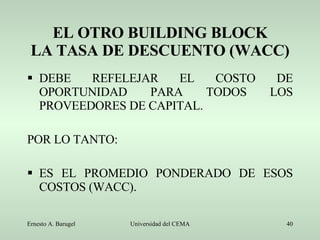 EL OTRO BUILDING BLOCK LA TASA DE DESCUENTO (WACC) DEBE REFELEJAR EL COSTO DE OPORTUNIDAD PARA TODOS LOS PROVEEDORES DE CAPITAL. POR LO TANTO: ES EL PROMEDIO PONDERADO DE ESOS COSTOS (WACC). 