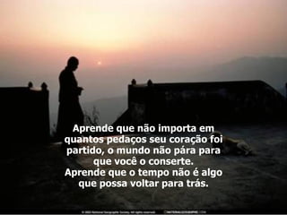Aprende que não importa em quantos pedaços seu coração foi partido, o mundo não pára para que você o conserte. Aprende que o tempo não é algo que possa voltar para trás. 