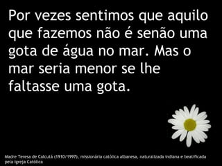 Por vezes sentimos que aquilo
 que fazemos não é senão uma
 gota de água no mar. Mas o
 mar seria menor se lhe
 faltasse uma gota.



Madre Teresa de Calcutá (1910/1997), missionária católica albanesa, naturalizada indiana e beatificada
pela Igreja Católica
 