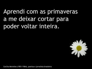 Aprendi com as primaveras
a me deixar cortar para
poder voltar inteira.




Cecília Meirelles (1901/1964), poetisa e jornalista brasileira
 