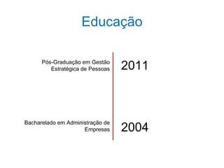 Educação

      Pós-Graduação em Gestão
         Estratégica de Pessoas   2011



Bacharelado em Administração de
                     Empresas     2004
 