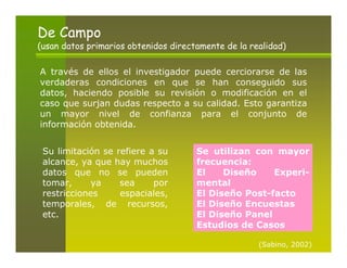 De Campo
(usan datos primarios obtenidos directamente de la realidad)

A través de ellos el investigador puede cerciorarse de las
verdaderas condiciones en que se han conseguido sus
datos, haciendo posible su revisión o modificación en el
caso que surjan dudas respecto a su calidad. Esto garantiza
un mayor nivel de confianza para el conjunto de
información obtenida.


 Su limitación se refiere a su        Se utilizan con mayor
 alcance, ya que hay muchos           frecuencia:
 datos que no se pueden               El    Diseño    Experi-
 tomar,      ya    sea     por        mental
 restricciones     espaciales,        El Diseño Post-facto
 temporales, de recursos,             El Diseño Encuestas
 etc.                                 El Diseño Panel
                                      Estudios de Casos

                                                     (Sabino, 2002)
 