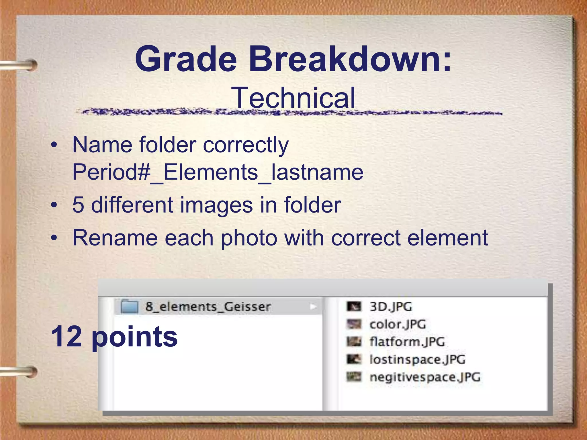 Grade Breakdown:TechnicalName folder correctly Period#_Elements_lastname 5 different images in folderRename each photo with correct element12 points