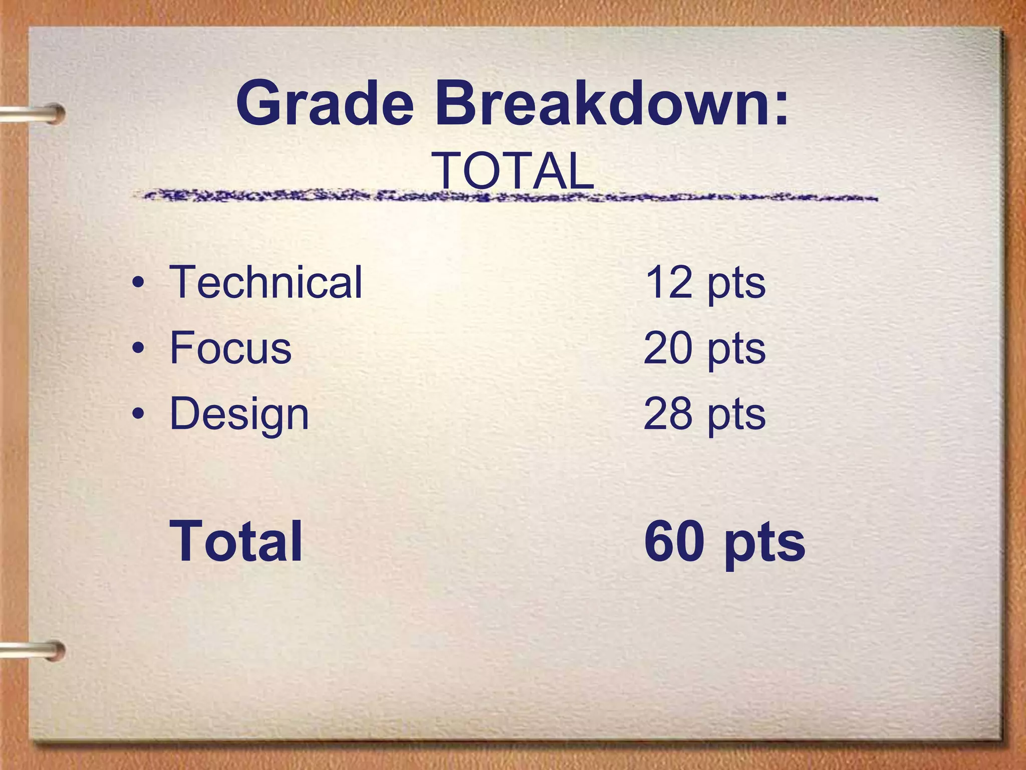 Grade Breakdown:TOTALTechnical			12 ptsFocus				20 ptsDesign				28 ptsTotal				60 pts