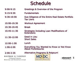 Schedule 9:00-9:15 9:15-9:30 9:30-10:00 10:00-10:30 10:30-10:45 10:45-11:30 11:30-12:00 12:00-1:00 1:00-2:00 2:00-3:30 Greetings & Overview of the Program Fundamentals Due Diligence of the Entire Real Estate Portfolio Tax Liens Workout Agreement Break Strategies Including Loan Modifications of Extensions Deed in Lieu Short Sales Lunch Everything You Wanted to Know or Not Know About Foreclosures Alternative Programs & Potpourri 