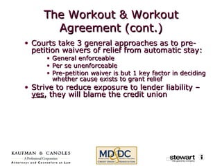 The Workout & Workout Agreement (cont.) Courts take 3 general approaches as to pre-petition waivers of relief from automatic stay: General enforceable Per se unenforceable Pre-petition waiver is but 1 key factor in deciding whether cause exists to grant relief Strive to reduce exposure to lender liability –  yes , they will blame the credit union 