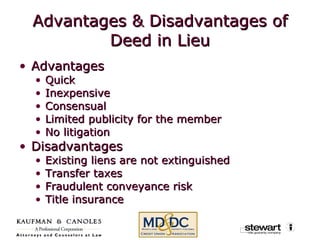 Advantages & Disadvantages of Deed in Lieu Advantages Quick Inexpensive Consensual Limited publicity for the member No litigation Disadvantages Existing liens are not extinguished Transfer taxes Fraudulent conveyance risk Title insurance 