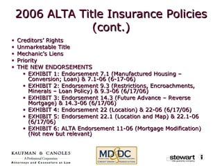 2006 ALTA Title Insurance Policies (cont.) Creditors’ Rights Unmarketable Title Mechanic’s Liens Priority  THE NEW ENDORSEMENTS EXHIBIT 1: Endorsement 7.1 (Manufactured Housing – Conversion; Loan) & 7.1-06 (6-17-06)  EXHIBIT 2: Endorsement 9.3 (Restrictions, Encroachments, Minerals – Loan Policy) & 9.3-06 (6/17/06) EXHIBIT 3: Endorsement 14.3 (Future Advance – Reverse Mortgage) & 14.3-06 (6/17/06) EXHIBIT 4: Endorsement 22 (Location) & 22-06 (6/17/06)  EXHIBIT 5: Endorsement 22.1 (Location and Map) & 22.1-06 (6/17/06) EXHIBIT 6: ALTA Endorsement 11-06 (Mortgage Modification) (Not new but relevant) 
