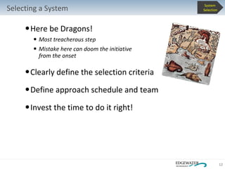 Selecting a System Here be Dragons! Most treacherous step Mistake here can doom the initiative from the onset Clearly define the selection criteria Define approach schedule and team Invest the time to do it right! System  Selection 