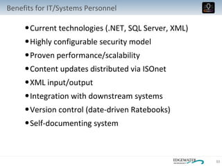 Current technologies (.NET, SQL Server, XML) Highly configurable security model Proven performance/scalability Content updates distributed via ISOnet XML input/output Integration with downstream systems Version control (date-driven Ratebooks) Self-documenting system Benefits for IT/Systems Personnel 