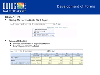 Development of Forms
DESIGN TIPS


Startup Message to Guide Blank Forms



Column Definition



Drivers & Commentary in BegBalance Member
Data Values in IDESC (YearTotal)

 