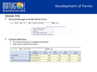 Development of Forms
DESIGN TIPS


Startup Message to Guide Blank Forms



Column Definition



Drivers & Commentary i...