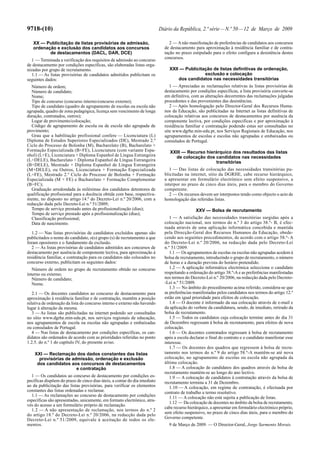 9718-(10) Diário da República, 2.ª série—N.º 50—12 de Março de 2009
XX — Publicitação de listas provisórias de admissão,
ordenação e exclusão dos candidatos aos concursos
de destacamentos (DACL, DAR, DCE)
1 — Terminada a verificação dos requisitos de admissão ao concurso
de destacamento por condições específicas, são elaboradas listas orga-
nizadas por grupo de recrutamento.
1.1 — As listas provisórias de candidatos admitidos publicitam os
seguintes dados:
Número de ordem;
Número de candidato;
Nome;
Tipo de concurso (concurso interno/concurso externo);
Tipo de candidato (quadro de agrupamento de escolas ou escola não
agrupada, quadro de zona pedagógica, licença sem vencimento de longa
duração, contratados, outros);
Lugar de provimento/colocação;
Código de agrupamento de escola ou de escola não agrupada de
provimento;
Grau que a habilitação profissional confere — Licenciatura (L)
Diploma de Estudos Superiores Especializados (DE), Mestrado 2.º
Ciclo do Processo de Bolonha (M), Bacharelato (B), Bacharelato +
Formação Especializada (B+FE), Licenciatura (com variante Espa-
nhol) (L+E), Licenciatura + Diploma Espanhol de Língua Estrangeira
(L+DELE), Bacharelato + Diploma Espanhol de Língua Estrangeira
(B+DELE), Mestrado + Diploma Espanhol de Língua Estrangeira
(M+DELE), ou Outros, Licenciatura + Formação Especializada
(L+FE), Mestrado 2.º Ciclo do Processo de Bolonha + Formação
Especializada (M + FE) e Bacharelato + Formação Complementar
(B+FC);
Graduação arredondada às milésimas dos candidatos detentores de
qualificação profissional para a docência obtida com base, respectiva-
mente, no disposto no artigo 14.º do Decreto-Lei n.º 20/2006, com a
redacção dada pelo Decreto-Lei n.º 51/2009;
Tempo de serviço prestado antes da profissionalização (dias);
Tempo de serviço prestado após a profissionalização (dias);
Classificação profissional;
Data de nascimento.
1.2 — Nas listas provisórias de candidatos excluídos apenas são
publicitados o nome do candidato, o(s) grupo (s) de recrutamento a que
foram opositores e o fundamento da exclusão.
2 — As listas provisórias de candidatos admitidos aos concursos de
destacamento por ausência de componente lectiva, para aproximação à
residência familiar, e contratação para os candidatos não colocados no
concurso externo, publicitam os seguintes dados:
Número de ordem no grupo de recrutamento obtido no concurso
interno ou externo;
Número de candidato;
Nome.
2.1 — Os docentes candidatos ao concurso de destacamento para
aproximação à residência familiar e de contratação, mantêm a posição
relativa de ordenação da lista do concurso interno e externo não havendo
lugar à alteração da mesma.
3 — As listas são publicitadas na internet podendo ser consultadas
no sítio www.dgrhe.min-edu.pt, nos serviços regionais de educação,
nos agrupamentos de escola ou escolas não agrupadas e embaixadas
ou consulados de Portugal.
4 — Nas listas de destacamento por condições específicas, os can-
didatos são ordenados de acordo com as prioridades referidas no ponto
1.2.5. do n.º 1 do capítulo IV, do presente aviso.
XXI — Reclamação dos dados constantes das listas
provisórias de admissão, ordenação e exclusão
dos candidatos aos concursos de destacamentos
e contratação
1 — Os candidatos ao concurso de destacamento por condições es-
pecíficas dispõem do prazo de cinco dias úteis, a contar do dia imediato
ao da publicitação das listas provisórias, para verificar os elementos
constantes das listas ordenadas e reclamar.
1.1 — As reclamações ao concurso de destacamento por condições
específicas são apresentadas, unicamente, em formato electrónico, atra-
vés do acesso a um formulário próprio de reclamação.
1.2 — A não apresentação de reclamação, nos termos do n.º 2
do artigo 18.º do Decreto-Lei n.º 20/2006, na redacção dada pelo
Decreto-Lei n.º 51/2009, equivale à aceitação de todos os ele-
mentos.
2 — Anão manifestação de preferências de candidatos aos concursos
de destacamento para aproximação à residência familiar e de contra-
tação no prazo estipulado para o efeito configura a desistência destes
concursos.
XXII — Publicitação de listas definitivas de ordenação,
exclusão e colocação
dos candidatos nas necessidades transitórias
1 — Apreciadas as reclamações relativas às listas provisórias de
destacamento por condições específicas, a lista provisória converte-se
em definitiva, com as alterações decorrentes das reclamações julgadas
procedentes e das provenientes das desistências.
2 — Após homologação pelo Director-Geral dos Recursos Huma-
nos da Educação, são publicitadas na Internet as listas definitivas de
colocação relativas aos concursos de destacamentos por ausência da
componente lectiva, por condições especificas e por aproximação à
residência familiar e contratação podendo estas ser consultadas no
site www.dgrhe.min-edu.pt, nos Serviços Regionais de Educação, nos
agrupamentos de escolas e escolas não agrupadas e embaixadas ou
consulados de Portugal.
XXIII — Recurso hierárquico dos resultados das listas
de colocação dos candidatos nas necessidades
transitórias
1 — Das listas de colocação das necessidades transitórias pu-
blicitadas na internet, sitio da DGRHE, cabe recurso hierárquico,
a apresentar em formulário electrónico sem efeito suspensivo, a
interpor no prazo de cinco dias úteis, para o membro do Governo
competente.
2 — Os recursos devem ser interpostos tendo como objecto o acto de
homologação das referidas listas.
XXV — Bolsa de recrutamento
1 — A satisfação das necessidades transitórias surgidas após a
colocação nacional, nos termos do n.º 3 do artigo 38.º- B, é efec-
tuada através de uma aplicação informática concebida e mantida
pela Direcção-Geral dos Recursos Humanos da Educação, obede-
cendo aos seguintes procedimentos, de acordo com o artigo 58.º- A
do Decreto-Lei n.º 20/2006, na redacção dada pelo Decreto-Lei
n.º 51/2009.
1.1 — Os agrupamentos de escolas ou escolas não agrupadas acedem à
bolsa de recrutamento, introduzindo o grupo de recrutamento, o número
de horas e a duração prevista do horário pretendido.
1.2 — A aplicação informática electrónica selecciona o candidato
respeitando a ordenação do artigo 38.º-Ae as preferências manifestadas
nos termos do Decreto-Lei n.º 20/2006, na redacção dada pelo Decreto-
-Lei n.º 51/2009.
1.3 — No âmbito do procedimento acima referido, considera-se que
as preferências manifestadas pelos candidatos nos termos do artigo 12.º
estão em igual prioridade para efeitos de colocação.
1.4 — O docente é informado da sua colocação através de e-mail e
da aplicação do verbete da candidatura, sendo, de imediato, retirado da
bolsa de recrutamento.
1.5 — Todos os candidatos cuja colocação termine antes do dia 31
de Dezembro regressam à bolsa de recrutamento, para efeitos de nova
colocação.
1.6 — Os docentes contratados regressam à bolsa de recrutamento
após a escola declarar o final do contrato e o candidato manifestar esse
interesse.
1.7 — Os docentes dos quadros que regressem à bolsa de recru-
tamento nos termos do n.º 9 do artigo 58.º-A mantêm-se até nova
colocação, no agrupamento de escolas ou escola não agrupada da
última colocação.
1.8 — A colocação de candidatos dos quadros através da bolsa de
recrutamento mantém-se ao longo do ano lectivo.
1.9 — A colocação de candidatos à contratação através da bolsa de
recrutamento termina a 31 de Dezembro.
1.10 — A colocação, em regime de contratação, é efectuada por
contrato de trabalho a termo resolutivo.
1.11 — A colocação não está sujeita a publicação de listas.
1.12 — Da colocação de docentes no âmbito da bolsa de recrutamento,
cabe recurso hierárquico, a apresentar em formulário electrónico próprio,
sem efeito suspensivo, no prazo de cinco dias úteis, para o membro do
Governo competente.
9 de Março de 2009. — O Director-Geral, Jorge Sarmento Morais.
 