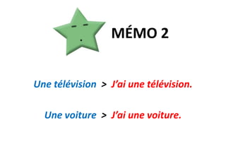 MÉMO 2Une télévision > J’ai une télévision.Une voiture > J’ai une voiture.
