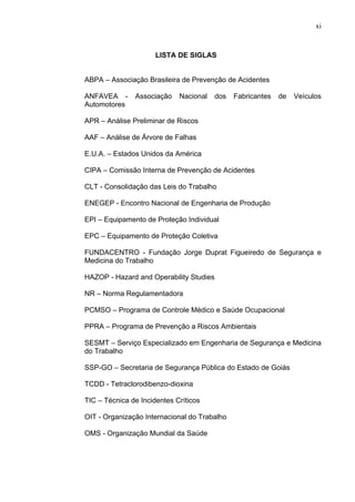 xi



                      LISTA DE SIGLAS


ABPA – Associação Brasileira de Prevenção de Acidentes

ANFAVEA -      Associação    Nacional    dos   Fabricantes   de   Veículos
Automotores

APR – Análise Preliminar de Riscos

AAF – Análise de Árvore de Falhas

E.U.A. – Estados Unidos da América

CIPA – Comissão Interna de Prevenção de Acidentes

CLT - Consolidação das Leis do Trabalho

ENEGEP - Encontro Nacional de Engenharia de Produção

EPI – Equipamento de Proteção Individual

EPC – Equipamento de Proteção Coletiva

FUNDACENTRO - Fundação Jorge Duprat Figueiredo de Segurança e
Medicina do Trabalho

HAZOP - Hazard and Operability Studies

NR – Norma Regulamentadora

PCMSO – Programa de Controle Médico e Saúde Ocupacional

PPRA – Programa de Prevenção a Riscos Ambientais

SESMT – Serviço Especializado em Engenharia de Segurança e Medicina
do Trabalho

SSP-GO – Secretaria de Segurança Pública do Estado de Goiás

TCDD - Tetraclorodibenzo-dioxina

TIC – Técnica de Incidentes Críticos

OIT - Organização Internacional do Trabalho

OMS - Organização Mundial da Saúde
 