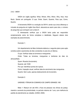 55



2.9.2 5W2H


          5W2H em inglês significa: What, Where, Who, When, Why, How, How
Much. Sendo em português: O que, Onde, Quem, Quando, Para que, Como,
Quanto.
          A ferramenta 5W2H é a evolução da 5W1H, sendo sua única diferença a
inclusão da pergunta em inglês How Much, elevando-se assim para dois, o número
de perguntas que começam com a letra H.
          É interessante verificar que o 5W2H tanto pode ser respondido
simploriamente como de forma complexa e detalhada. Seguem abaixo dois
exemplos de preenchimento.


          Exemplo 1:


          Um departamento de Meio Ambiente elaborou o seguinte plano para ação
corretiva sobre vazamentos de óleo constantes no piso de um fábrica.
          O que: Verificar todas as torneiras e mangueiras.
          Onde: Todas as torneiras, mangueiras e tambores de óleo do
almoxarifado.
          Quem: Ricardo (funcionário)
          Quando: até 15/08
          Por que: Identificar pontos de ruptura.
          Como: Inspeção visual, verificar data de vencimento das mangueiras.
          Quanto: Sem custo, apenas deslocamento de funcionário.


          Exemplo 2:


          UNIDADE: FÓRUM DA COMARCA DE CAMPO GRANDE / MS


          Meta 1: Reduzir em até 40% o fluxo de pessoas nos ofícios da justiça,
visando o aumento da produtividade, no período máximo de 1 ano, com melhoria do
padrão de atendimento ao cidadão. (CANO, 2009)
 