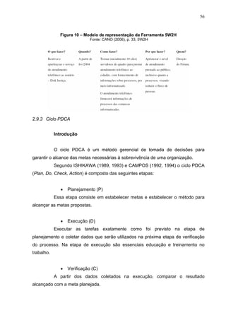 56



              Figura 10 – Modelo de representação da Ferramenta 5W2H
                              Fonte: CANO (2006), p. 33, 5W2H




2.9.3 Ciclo PDCA


            Introdução


            O ciclo PDCA é um método gerencial de tomada de decisões para
garantir o alcance das metas necessárias à sobrevivência de uma organização.
            Segundo ISHIKAWA (1989, 1993) e CAMPOS (1992, 1994) o ciclo PDCA
(Plan, Do, Check, Action) é composto das seguintes etapas:


               •   Planejamento (P)
            Essa etapa consiste em estabelecer metas e estabelecer o método para
alcançar as metas propostas.


               •   Execução (D)
            Executar as tarefas exatamente como foi previsto na etapa de
planejamento e coletar dados que serão utilizados na próxima etapa de verificação
do processo. Na etapa de execução são essenciais educação e treinamento no
trabalho.


               •   Verificação (C)
            A partir dos dados coletados na execução, comparar o resultado
alcançado com a meta planejada.
 