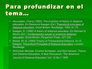 Para profundizar en el tema… Amundsen, Cheryl (1993).  The evolution of theory in distance education. En Desmond Keegan (Ed.)  Theoretical principles of distance education , Great Britain: Routledge, 1993, 61-79. Keegan, D. (1990) A theory of distance education. En Michael G. Moore (Ed.),  Contemporary issues in american distance education , Great Britain: Pergamon Press, 327-332. Moore, M. G. (1993) Theory of Transactional Distance. En D. Keegan,  Theoretical Principles of Distance Education , London: Routledge. Simonson Michael, Charles Schlosser, and Dan Hanson. Theory and Distance Education: A New Discussion. The American Journal of Distance Education Vol. 13 No.1 1999   