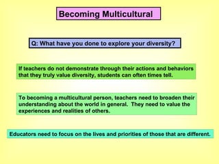 Becoming Multicultural If teachers do not demonstrate through their actions and behaviors that they truly value diversity, students can often times tell. To becoming a multicultural person, teachers need to broaden their understanding about the world in general.  They need to value the  experiences and realities of others. Educators need to focus on the lives and priorities of those that are different. Q: What have you done to explore your diversity? 