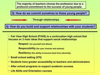 The majority of teachers choose the profession due to a profound commitment to the success of young people. Q: How do we commit ourselves to these young people?   Through relationships . Fair View High School (FVHS) is a continuation high school that focuses on 3 main ideas that support social relationships Respect   ( for yourself and others) Responsibility   (for your choices and actions) Resiliency   (the ability to bounce back from adversity) Small school setting (270) Students have greater accessibility to teachers and administrators After school programs to support academic success Life Skills and Orientation courses Q: How do you build and support relationships with your students? 
