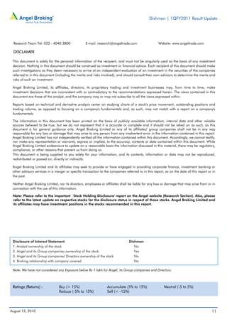 Dishman | 1QFY2011 Result Update




  Research Team Tel: 022 - 4040 3800               E-mail: research@angeltrade.com                   Website: www.angeltrade.com

 DISCLAIMER

 This document is solely for the personal information of the recipient, and must not be singularly used as the basis of any investment
 decision. Nothing in this document should be construed as investment or financial advice. Each recipient of this document should make
 such investigations as they deem necessary to arrive at an independent evaluation of an investment in the securities of the companies
 referred to in this document (including the merits and risks involved), and should consult their own advisors to determine the merits and
 risks of such an investment.

 Angel Broking Limited, its affiliates, directors, its proprietary trading and investment businesses may, from time to time, make
 investment decisions that are inconsistent with or contradictory to the recommendations expressed herein. The views contained in this
 document are those of the analyst, and the company may or may not subscribe to all the views expressed within.

 Reports based on technical and derivative analysis center on studying charts of a stock's price movement, outstanding positions and
 trading volume, as opposed to focusing on a company's fundamentals and, as such, may not match with a report on a company's
 fundamentals.

 The information in this document has been printed on the basis of publicly available information, internal data and other reliable
 sources believed to be true, but we do not represent that it is accurate or complete and it should not be relied on as such, as this
 document is for general guidance only. Angel Broking Limited or any of its affiliates/ group companies shall not be in any way
 responsible for any loss or damage that may arise to any person from any inadvertent error in the information contained in this report.
 Angel Broking Limited has not independently verified all the information contained within this document. Accordingly, we cannot testify,
 nor make any representation or warranty, express or implied, to the accuracy, contents or data contained within this document. While
 Angel Broking Limited endeavours to update on a reasonable basis the information discussed in this material, there may be regulatory,
 compliance, or other reasons that prevent us from doing so.
 This document is being supplied to you solely for your information, and its contents, information or data may not be reproduced,
 redistributed or passed on, directly or indirectly.

 Angel Broking Limited and its affiliates may seek to provide or have engaged in providing corporate finance, investment banking or
 other advisory services in a merger or specific transaction to the companies referred to in this report, as on the date of this report or in
 the past.

 Neither Angel Broking Limited, nor its directors, employees or affiliates shall be liable for any loss or damage that may arise from or in
 connection with the use of this information.

 Note: Please refer to the important `Stock Holding Disclosure' report on the Angel website (Research Section). Also, please
 refer to the latest update on respective stocks for the disclosure status in respect of those stocks. Angel Broking Limited and
 its affiliates may have investment positions in the stocks recommended in this report.




 Disclosure of Interest Statement                                                Dishman
 1. Analyst ownership of the stock                                                  No
 2. Angel and its Group companies ownership of the stock                            Yes
 3. Angel and its Group companies' Directors ownership of the stock                 No
 4. Broking relationship with company covered                                       No

 Note: We have not considered any Exposure below Rs 1 lakh for Angel, its Group companies and Directors.



 Ratings (Returns) :             Buy (> 15%)                      Accumulate (5% to 15%)                 Neutral (-5 to 5%)
                                 Reduce (-5% to 15%)              Sell (< -15%)




August 13, 2010                                                                                                                           11
 