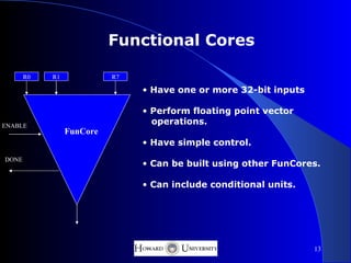 Functional Cores

       R0   R1             R7

                                • Have one or more 32-bit inputs

                                • Perform floating point vector
ENABLE
                                  operations.
                 FunCore
                                • Have simple control.
DONE
                                • Can be built using other FunCores.

                                • Can include conditional units.




                                                                   13
 