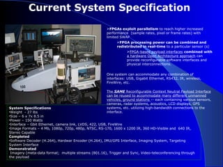 Current System Specification
                                                      FPGAs exploit parallelism to reach higher increased
                                                      performance (sample rates, pixel or frame rates) with
                                                      limited SWAP
                                                           FPGA processing power can be combined and
                                                           redistributed in real-time to a particular sensor (s)
                                                                 FPGA-based payload interfaces combined with
                                                                 a hardware Open Architecture approach can
                                                                 provide reconfigurable software interfaces and
                                                                 physical interconnections.


                                                      One system can accommodate any combination of
                                                      interfaces: USB, Gigabit Ethernet, RS432, IR, wireless,
                                                      FireWire, etc.

                                                      The SAME Reconfigurable Context Neutral Payload Interface
                                                      can be reused to accommodate many different unmanned
                                                      vehicles, ground stations -- each containing various sensors,
                                                      cameras, radar systems, acoustics, LCD displays, GPS
System Specifications                                 systems, etc. utilizing high-bandwidth connections to the
•Weight - 27 lbs                                      interface.
•Size – 6 x 7x 8.5 in
•Power – 150 Watts
•Interface – Gbit Ethernet, camera link, LVDS, 422, USB, FireWire
•Image Formats – 4 Mb, 1080p, 720p, 480p, NTSC, RS-170, 1600 x 1200 IR, 360 HD-Visible and 640 IR,
Stereo Capable
Completed
•Software Decoder (H.264), Hardwar Encoder (H.264), IMU/GPS Interface, Imaging System, Targeting
System Interface
Demonstrated
 Imagery (meta-data format; multiple streams (801.16), Trigger and Sync, Video-teleconferencing through
the payload
 