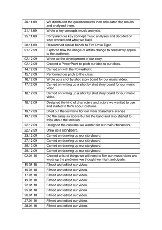 20.11.09   We distributed the questionnaires then calculated the results
           and analysed them.
21.11.09   Wrote a key concepts music analysis.
25.11.09   Compared our key concept music analyses and decided on
           what worked and what we liked.
28.11.09   Researched similar bands to Fire Drive Tiger.
01.12.09   Explored how the image of artists change to constantly appeal
           to the audience.
02.12.09   Wrote up the development of our story.
02.12.09   Created a PowerPoint to pitch our idea to our class.
14.12.09   Carried on with the PowerPoint.
15.12.09   Performed our pitch to the class.
16.12.09   Wrote up a shot by shot story board for our music video.
17.12.09   Carried on writing up a shot by shot story board for our music
           video.
18.12.09   Carried on writing up a shot by shot story board for our music
           video.
18.12.09   Designed the kind of characters and actors we wanted to use
           and started to think about costume.
19.12.09   Sited out the locations for our main character’s scenes.
19.12.09   Did the same as above but for the band and also started to
           think about the location.
22.12.09   Designed the costume we wanted for our main characters.
22.12.09   Drew up a storyboard.
23.12.09   Carried on drawing up our storyboard.
27.12.09   Carried on drawing up our storyboard.
28.12.09   Carried on drawing up our storyboard.
29.12.09   Carried on drawing up our storyboard.
02.01.10   Created a list of things we will need to film our music video and
           wrote up the problems we thought we might anticipate.
15.01.10   Filmed and edited our video.
15.01.10   Filmed and edited our video.
17.01.10   Filmed and edited our video.
19.01.10   Filmed and edited our video.
22.01.10   Filmed and edited our video.
25.01.10   Filmed and edited our video.
26.01.10   Filmed and edited our video.
27.01.10   Filmed and edited our video.
28.01.10   Filmed and edited our video.
 