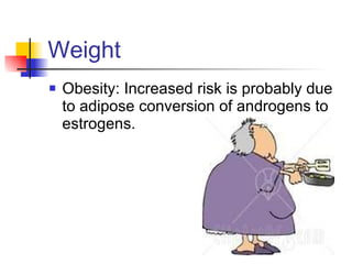 Weight <ul><li>Obesity: Increased risk is probably due to adipose conversion of androgens to estrogens.  </li></ul>