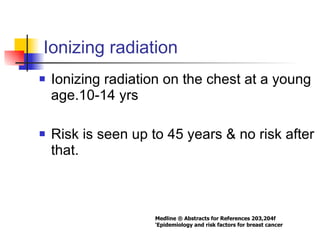 Ionizing radiation <ul><li>Ionizing radiation on the chest at a young age.10-14 yrs </li></ul><ul><li>Risk is seen up to 4...