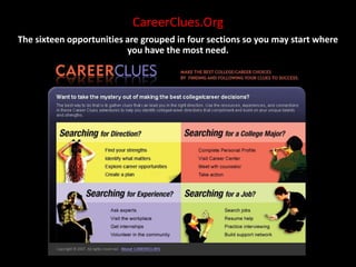 CareerClues.Org<br />The sixteen opportunities are grouped in four sections so you may start where you have the most need....
