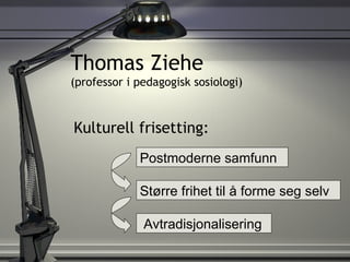 Thomas Ziehe  (professor i pedagogisk sosiologi) Kulturell frisetting: Større frihet til å forme seg selv Avtradisjonalisering Postmoderne samfunn 