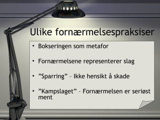 Ulike fornærmelsespraksiser Bokseringen som metafor Fornærmelsene representerer slag ” Sparring” – Ikke hensikt å skade ” Kampslaget” – Fornærmelsen er seriøst ment 