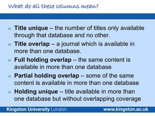 What do all these columns mean?


n   Title unique – the number of titles only available
    through that database and no other.
n   Title overlap – a journal which is available in
    more than one database.
n   Full holding overlap – the same content is
    available in more than one database
n   Partial holding overlap – some of the same
    content is available in more than one database
n   Holding unique – title available in more than
    one database but without overlapping coverage
 