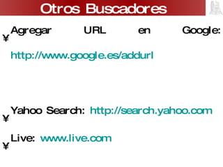 Agregar URL en Google:  http://www.google.es/addurl   Yahoo Search:  http://search.yahoo.com   Live:  www.live.com   Metabuscadores: copernico,  www.scitopia.org   Buscadores de Libros:  www.amazon.com Otros Buscadores 