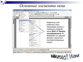 Основные элементы окна Microsoft Word Изменить вид рабочего окна программы можно с помощью команды меню  Вид    Панели инструментов    …, добавляя или убирая флажки напротив соответствующих строк.  