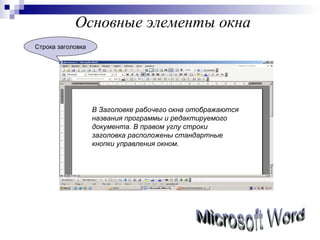 Основные элементы окна Строка заголовка В Заголовке рабочего окна отображаются названия программы и редактируемого документа. В правом углу строки заголовка расположены стандартные кнопки управления окном.  Microsoft Word 