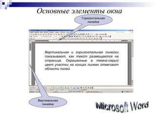 Основные элементы окна Microsoft Word Вертикальная и горизонтальная линейки показывают, как текст размещается на странице. Окрашенные в темно-серый цвет участки на концах линеек отмечают области полей.  Вертикальная линейка Горизонтальная линейка 